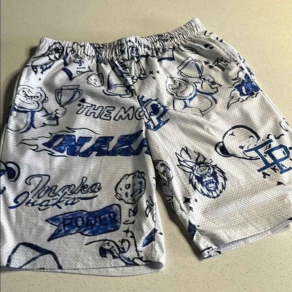 Inaka Power White Graphic Mesh Shorts with Navy Design Mens L